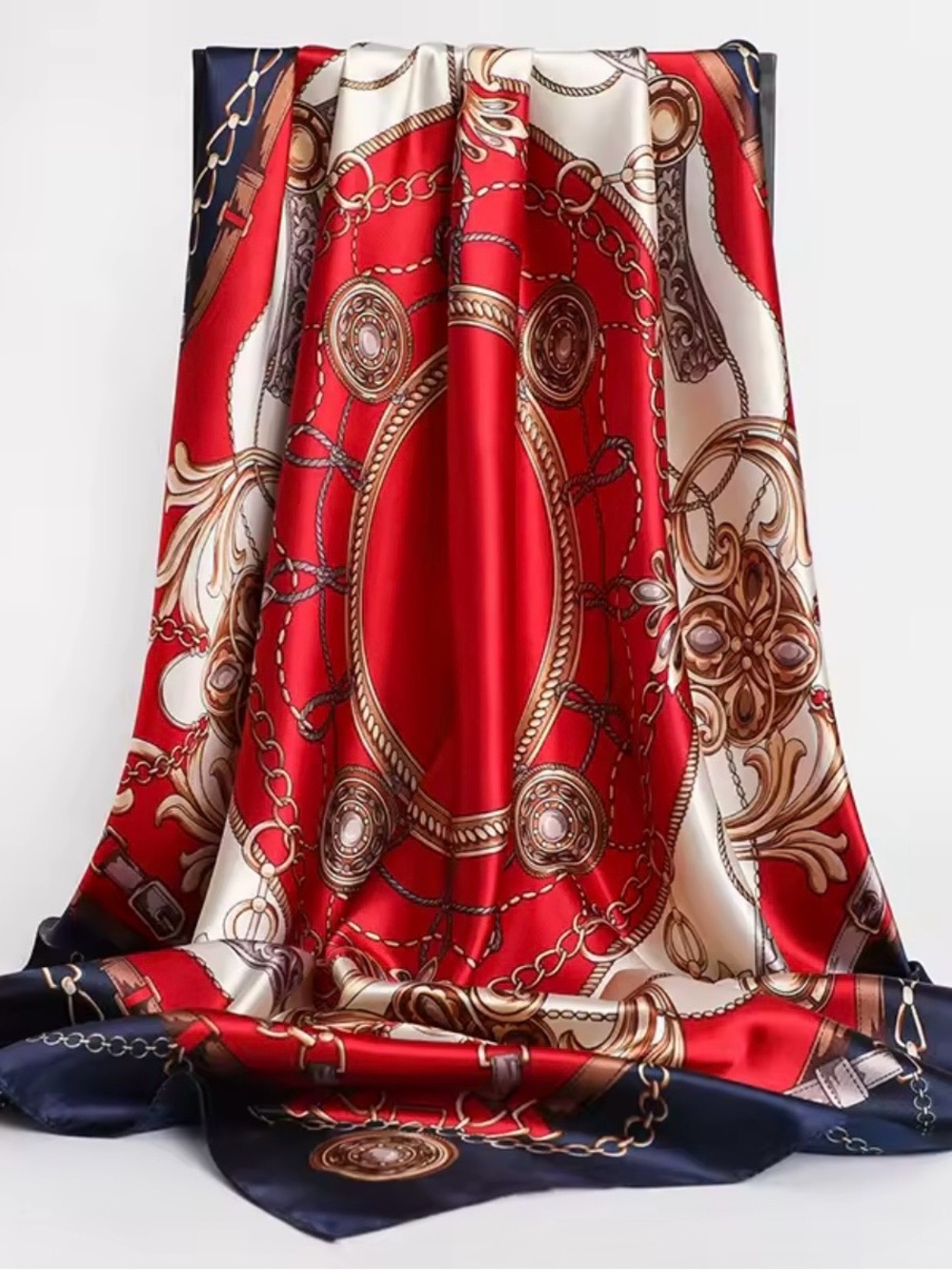 Red & Navy Chain-Print Satin Scarf